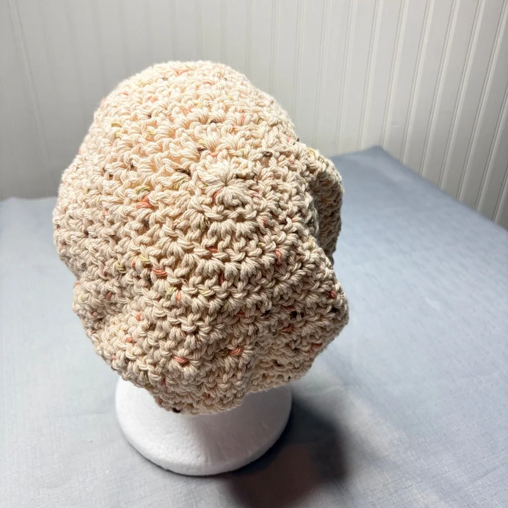 Handmade Crochet Beret OS Cream Multi Color Flecked Flower Slouchy Beanie Hat